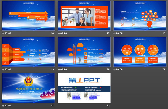 蓝天白云警徽背景的公安系统工作总结PPT模板