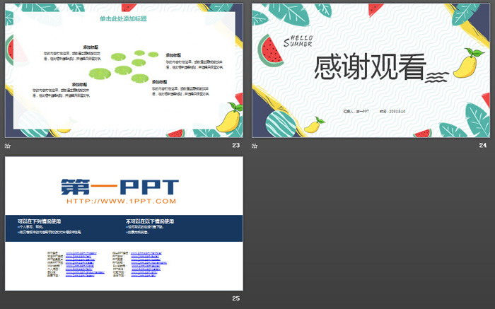 卡通绿叶水果背景清爽《夏天你好》PPT模板