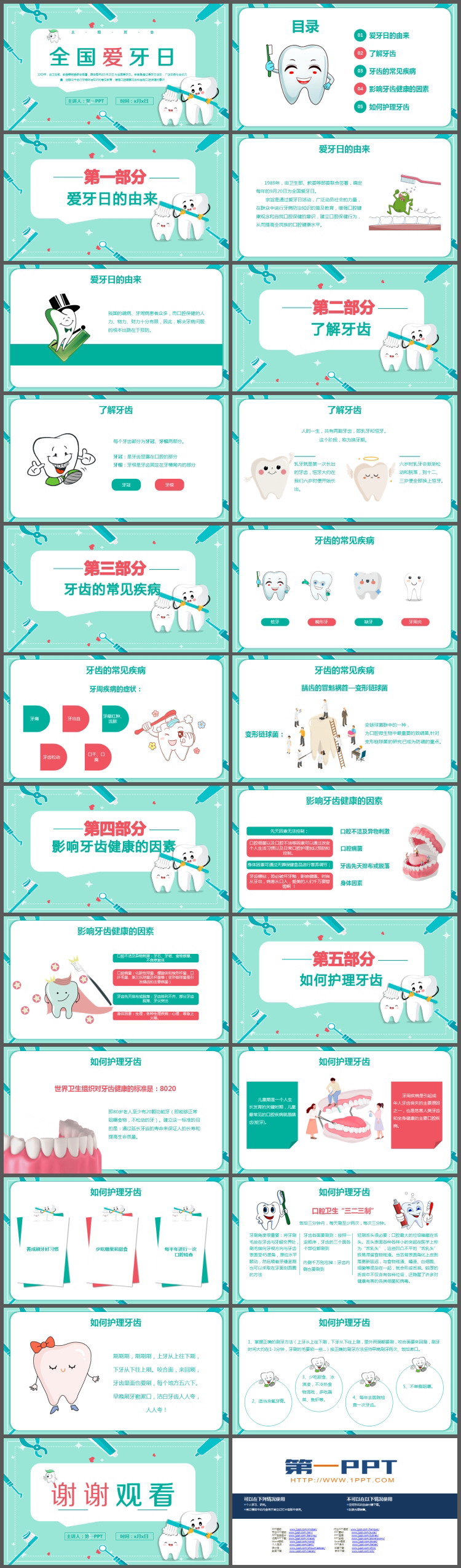 绿色卡通风格的全国爱牙日PPT模板