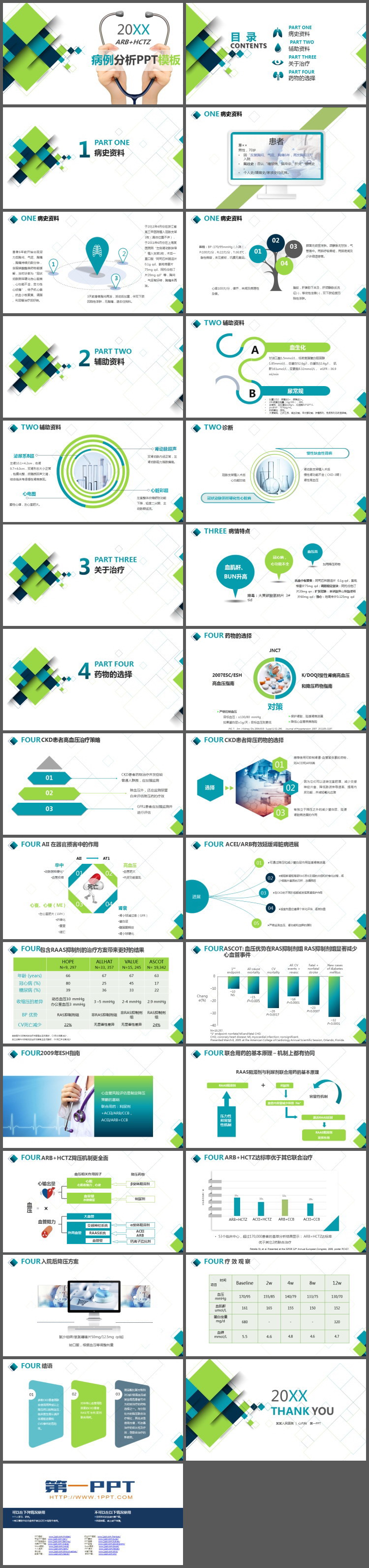 蓝绿多边形与听诊器背景的病例分析PPT模板