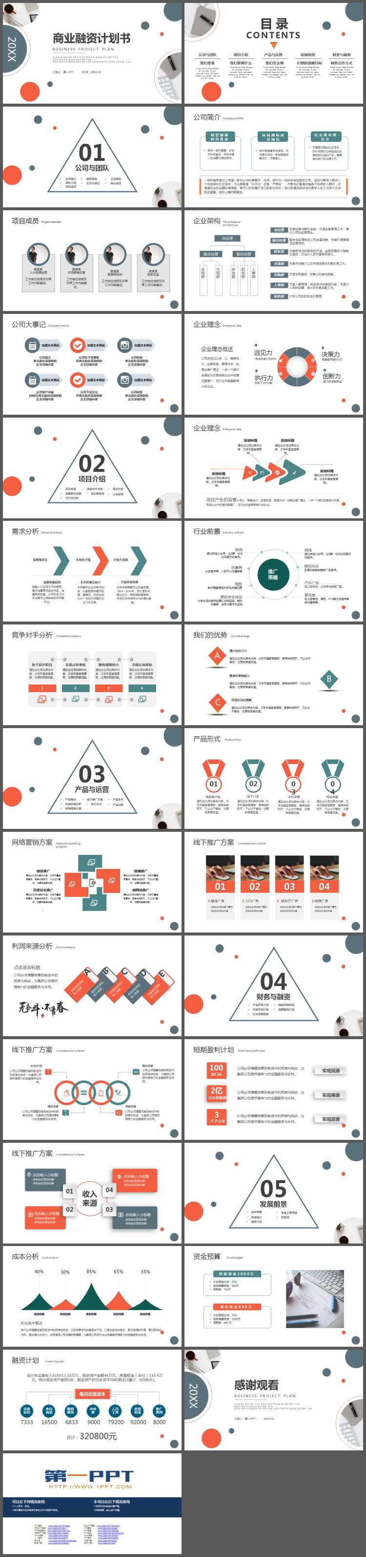 蓝橙圆点背景商务办公风商业计划书PPT模板