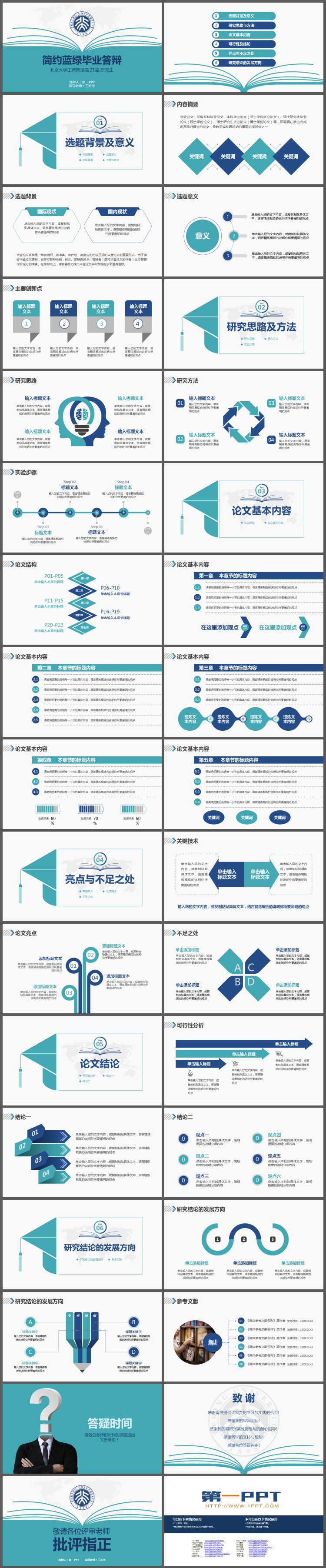 简约蓝绿配色毕业论文答辩PPT模板