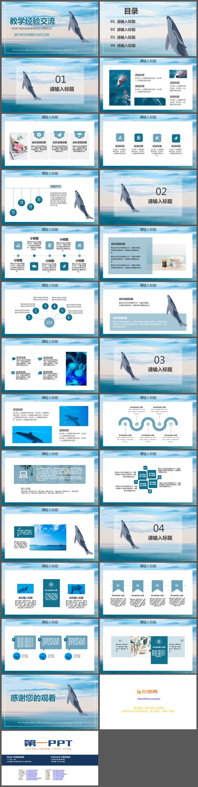 碧海蓝天与鲸鱼背景的教学经验交流PPT模板
