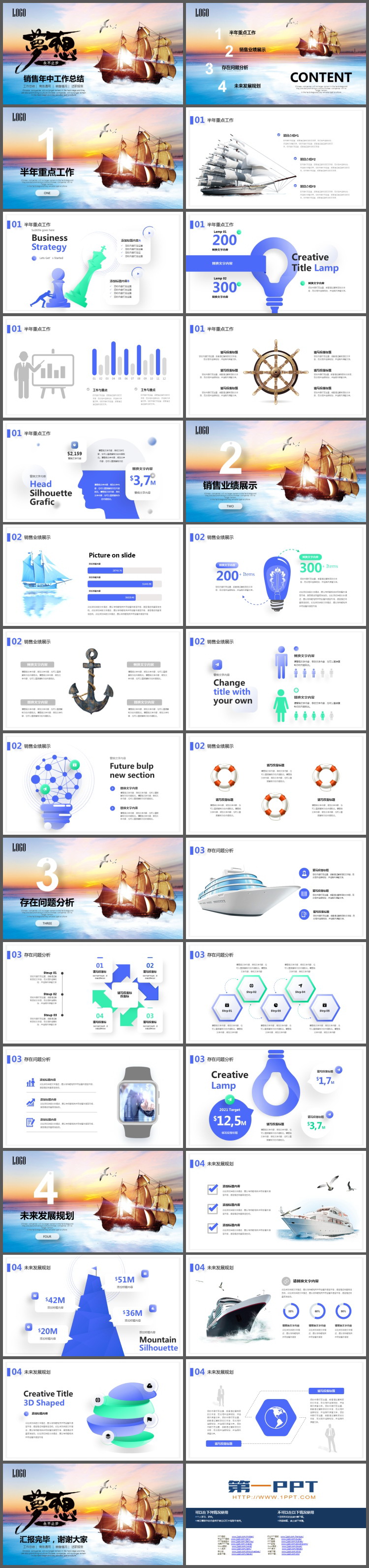 帆船背景的“梦想永不止步”销售年中总结PPT模板