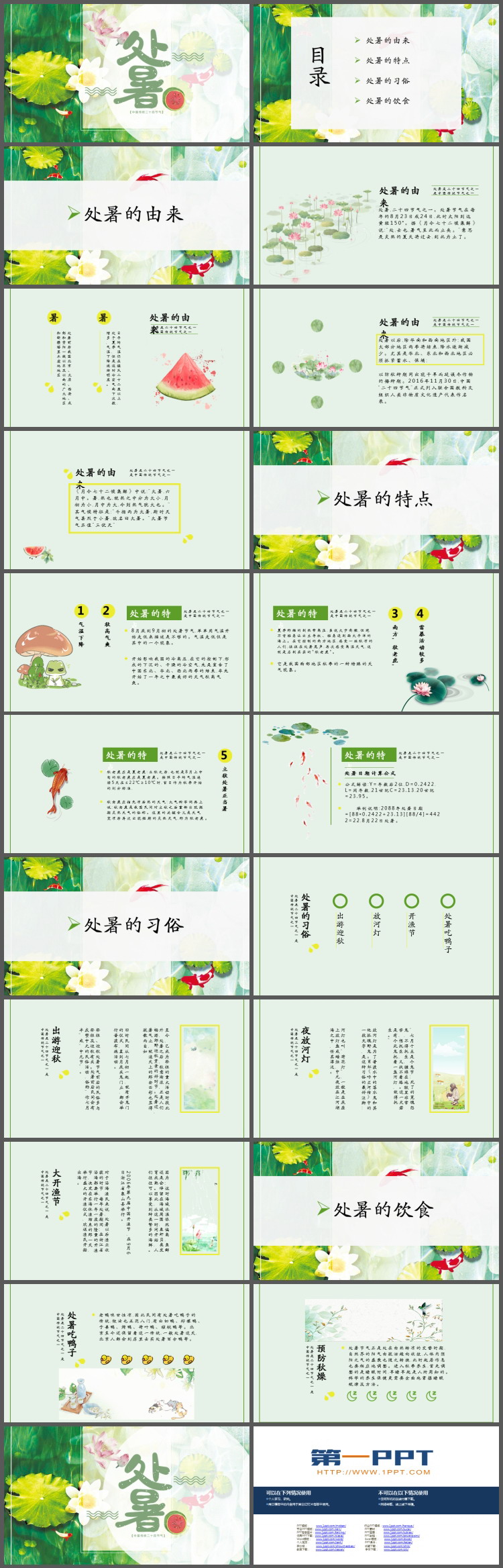 卡通水彩荷叶荷花背景处暑节气介绍PPT模板