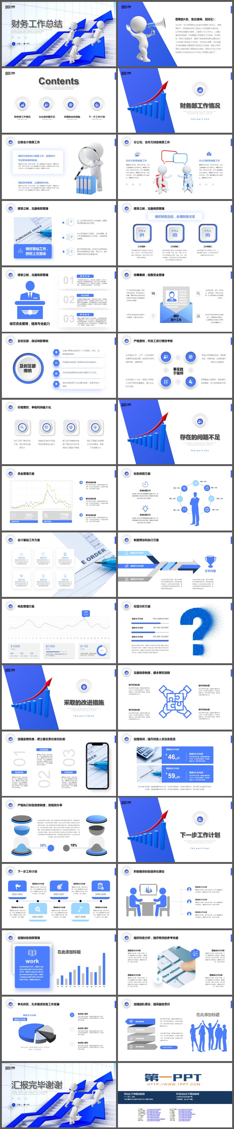 奔跑在蓝色箭头上的白色立体小人背景财务工作总结PPT模板