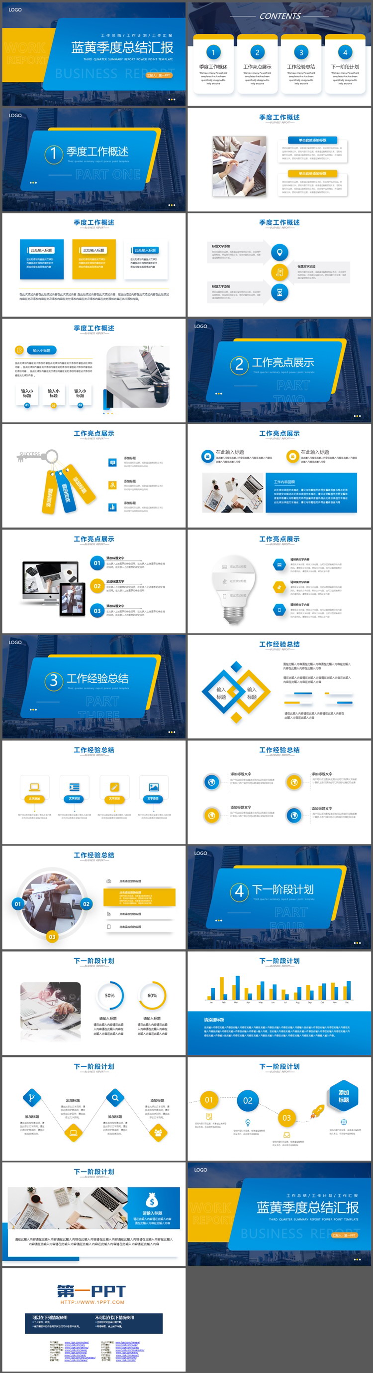 商业建筑背景蓝黄配色的季度工作总结汇报PPT模板