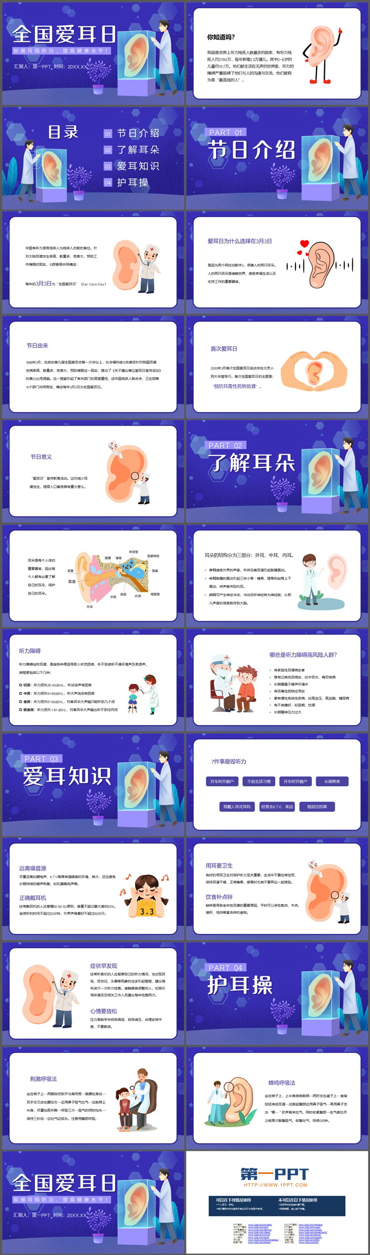 “加强耳病防治，提高健康水平”全国爱耳日主题班会PPT模板