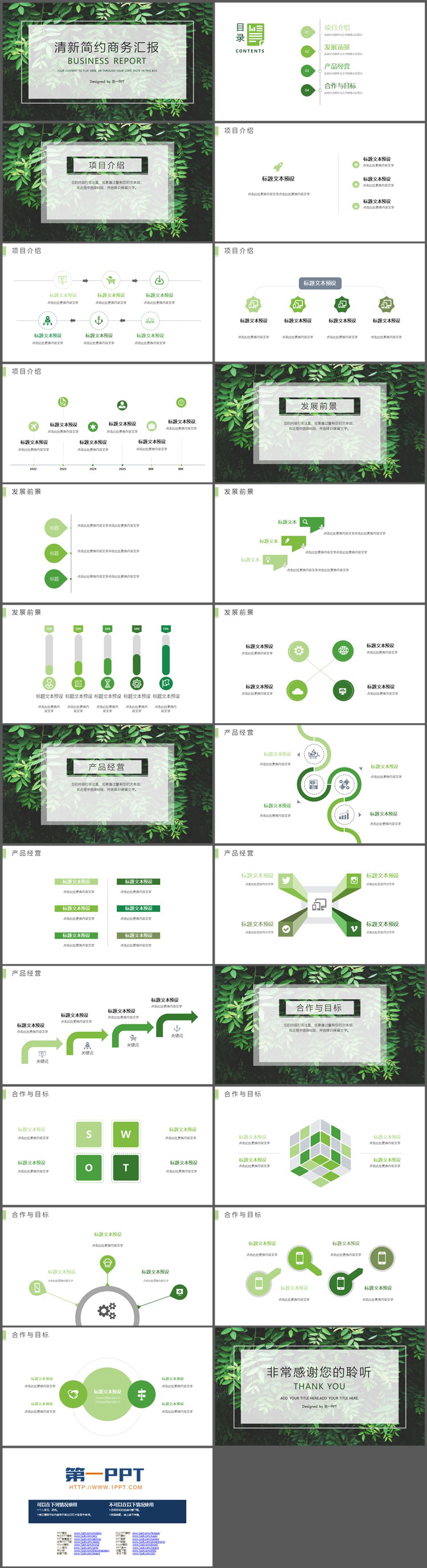 绿色叶子背景的商务汇报幻灯片模板下载