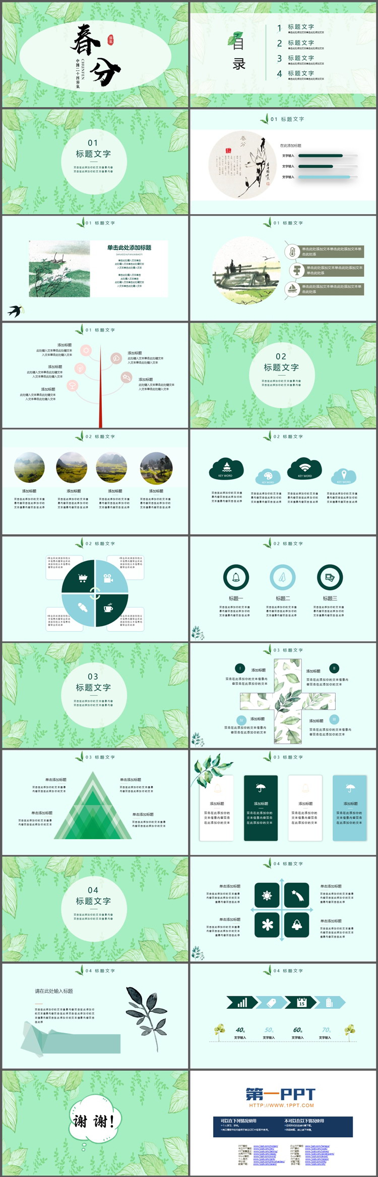 绿色叶子图案背景的春分节气PPT模板