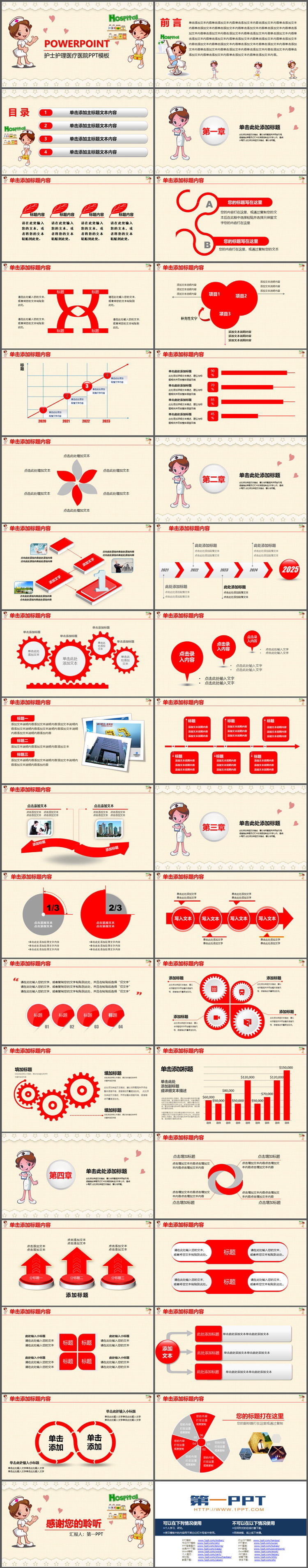 卡通护士背景的医疗护理主题PPT模板