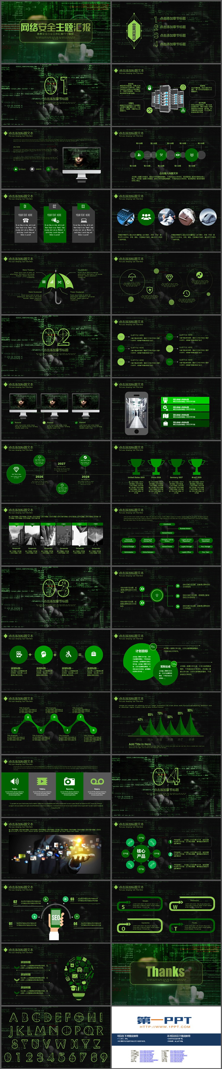 绿色数字01背景网络安全主题PPT模板