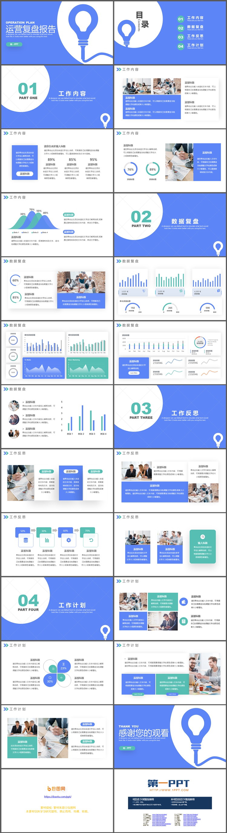 蓝色简约灯泡图案背景运营复盘报告PPT模板下载