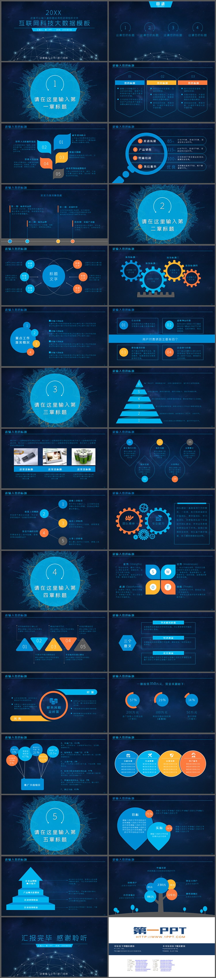 蓝色星空与点线星球背景的互联网科技主题PPT模板下载