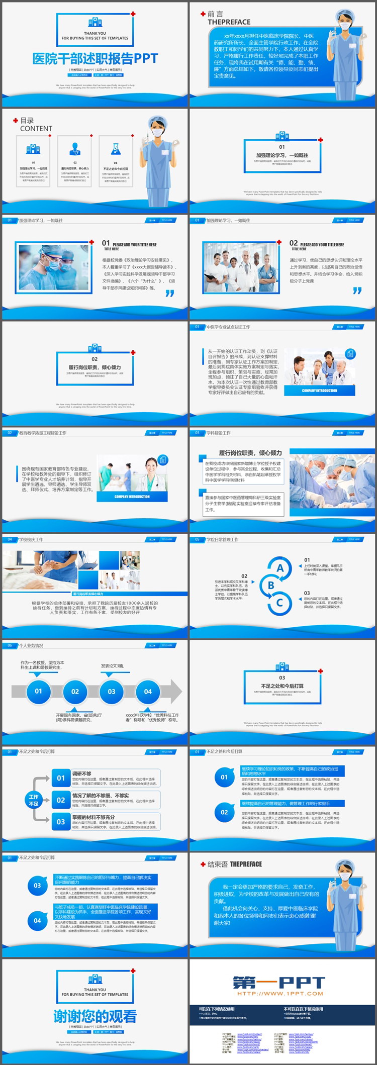 框架完整的蓝色医院干部述职报告PPT模板下载