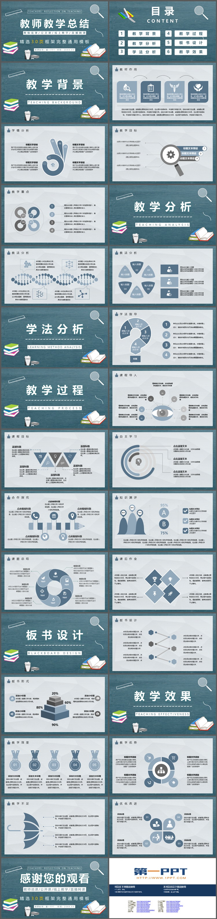 稳重蓝色学校教师教学总结PPT模板下载