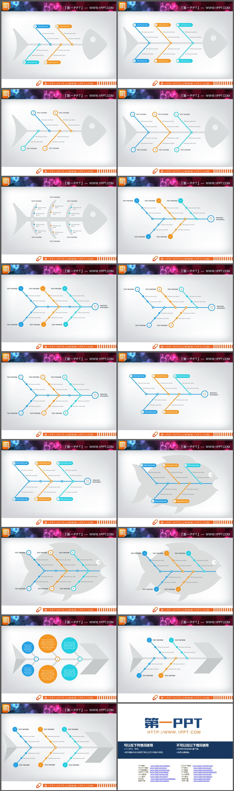 17张彩色简约PPT鱼骨图图表下载