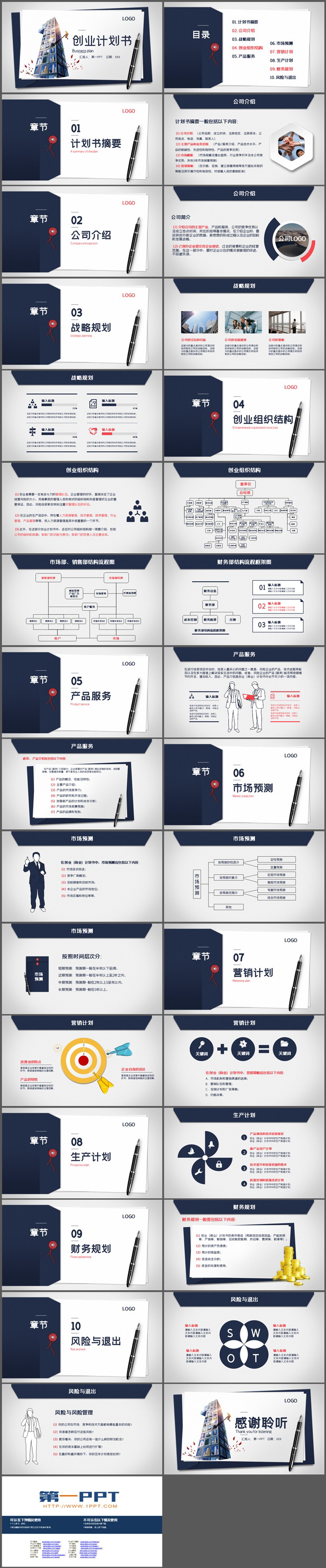 蓝色数字一与钢笔背景的创业计划书PPT模板下载