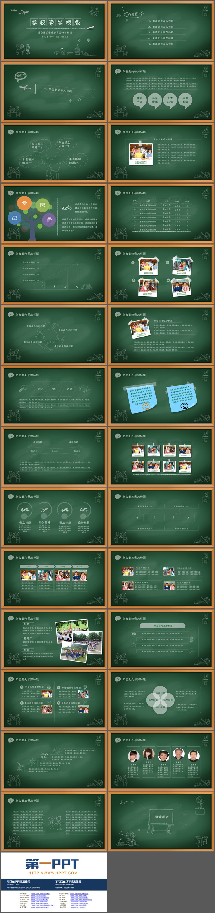 绿色黑板粉笔手绘背景的学校教学PPT模板下载