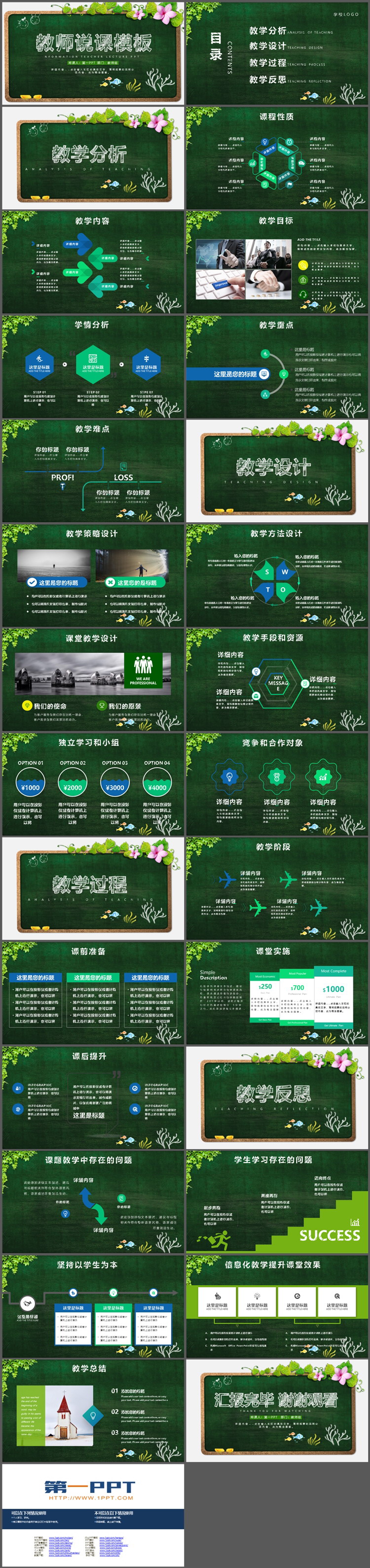 绿色黑板与藤蔓植物背景教学说课PPT模板下载