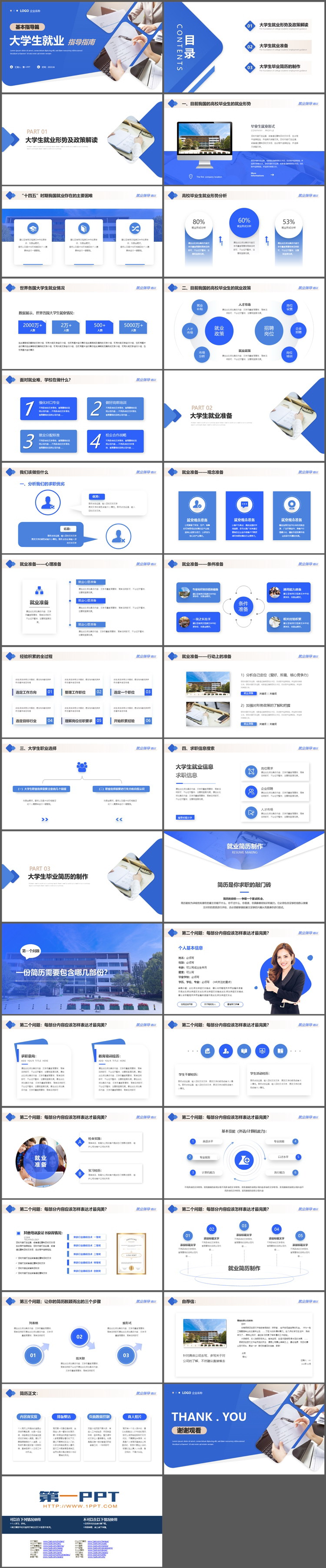 蓝色大学生就业指导指南PPT模板下载
