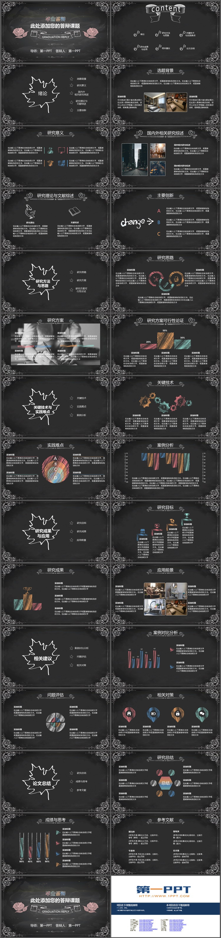 复古花纹背景黑板风毕业论文答辩PPT模板下载