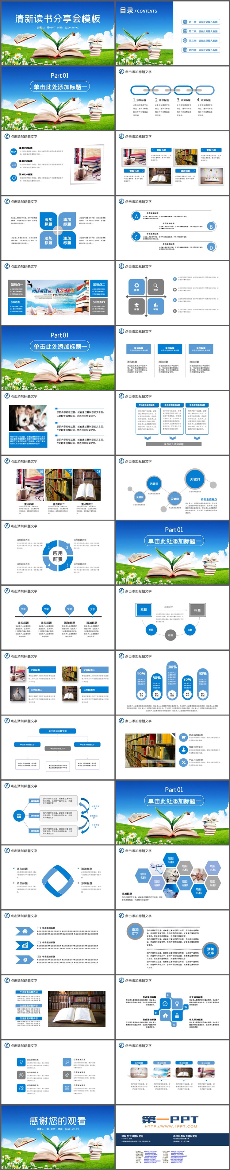 蓝天白云草地书籍背景的读书分享会PPT模板