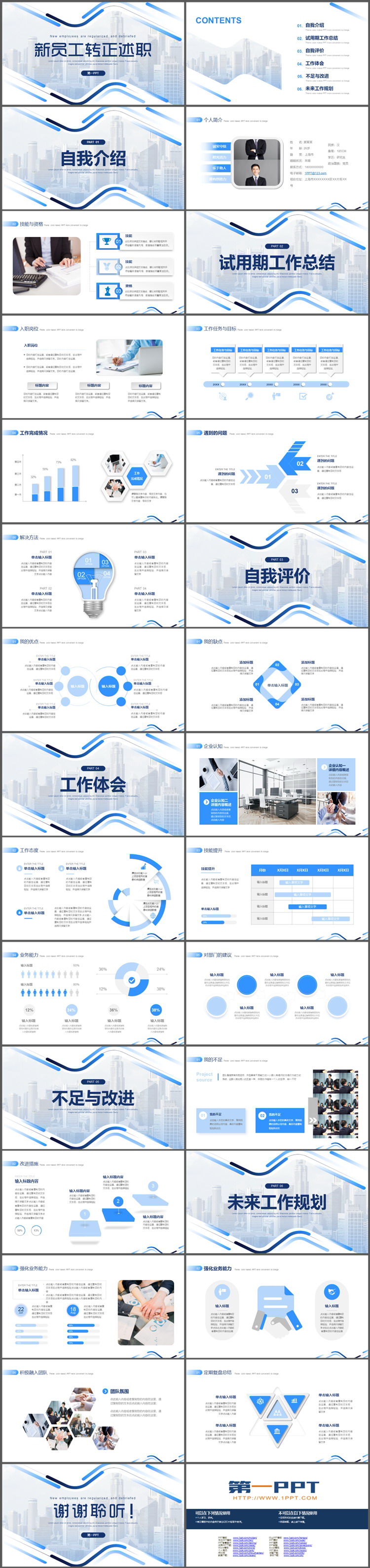 蓝色新员工转正述职报告PPT模板下载