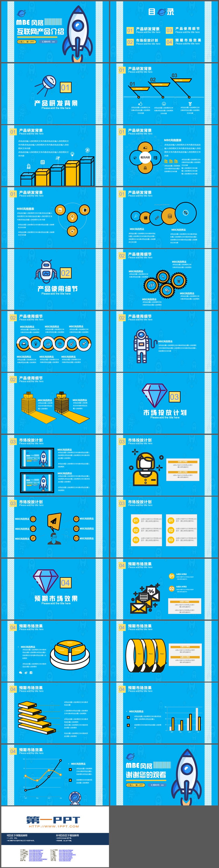 蓝色MBE小火箭背景互联网产品介绍PPT模板