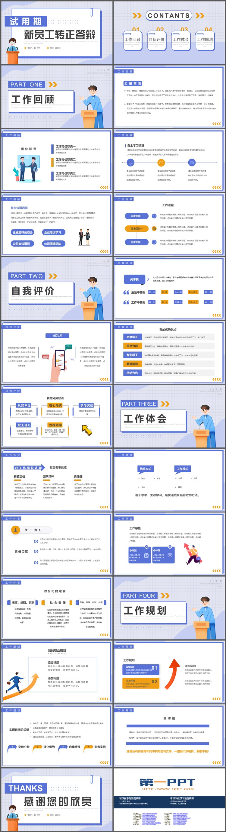 蓝色简约试用期员工转正答辩PPT模板下载