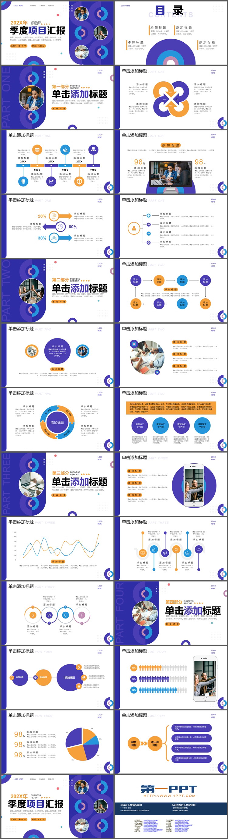 蓝色时尚商务风季度项目汇报PPT模板下载