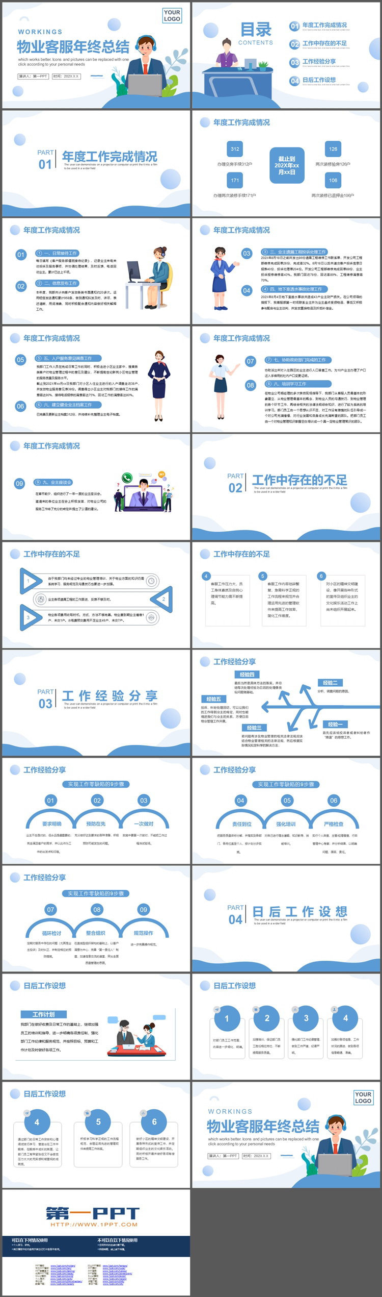 蓝色矢量客服人员背景物业客服年终总结PPT模板下载