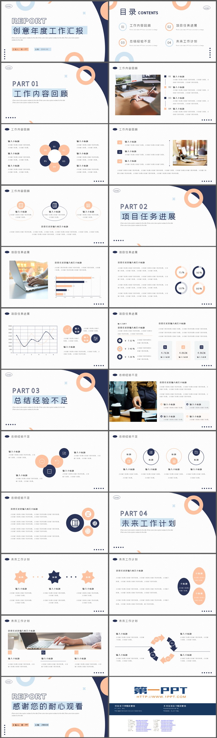 简约蓝橙创意年度工作汇报PPT模板下载