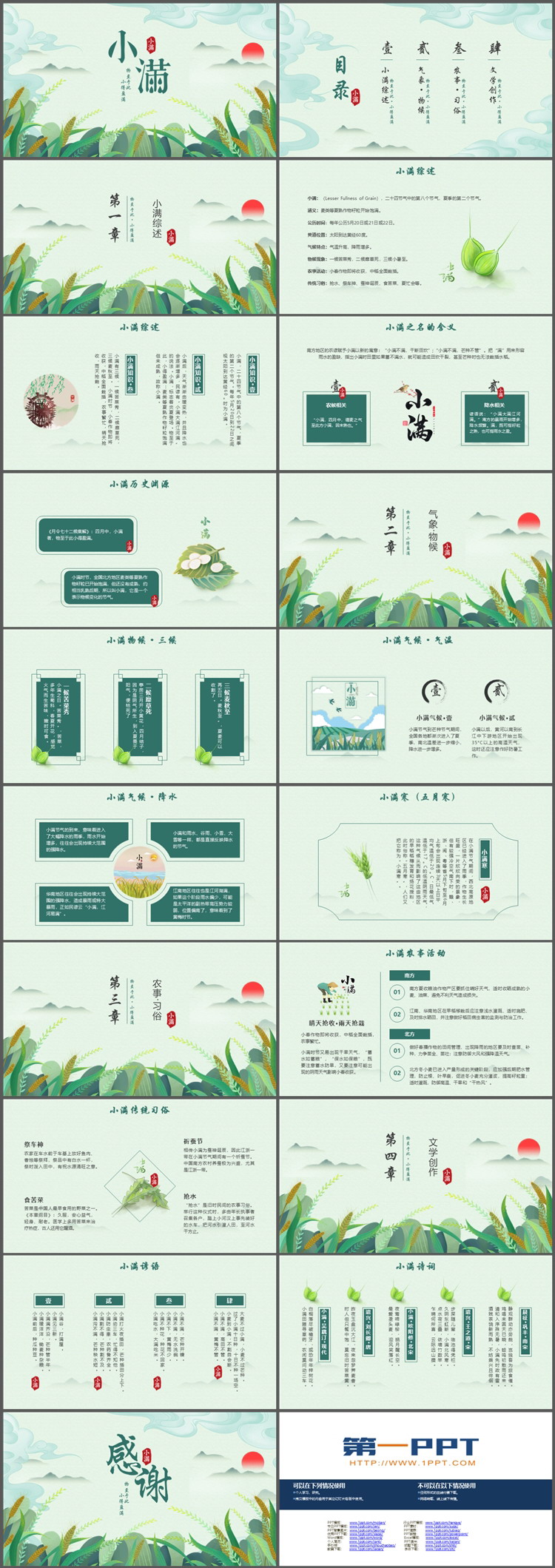 绿色清新麦穗背景的二十四节气之小满PPT模板下载