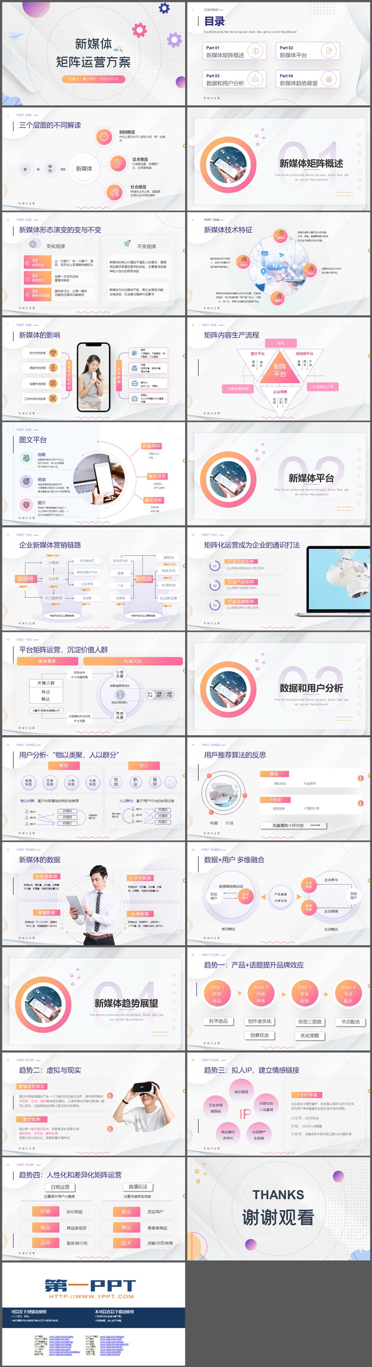 彩色圆点齿轮图案背景的新媒体矩阵运营方案PPT模板下载