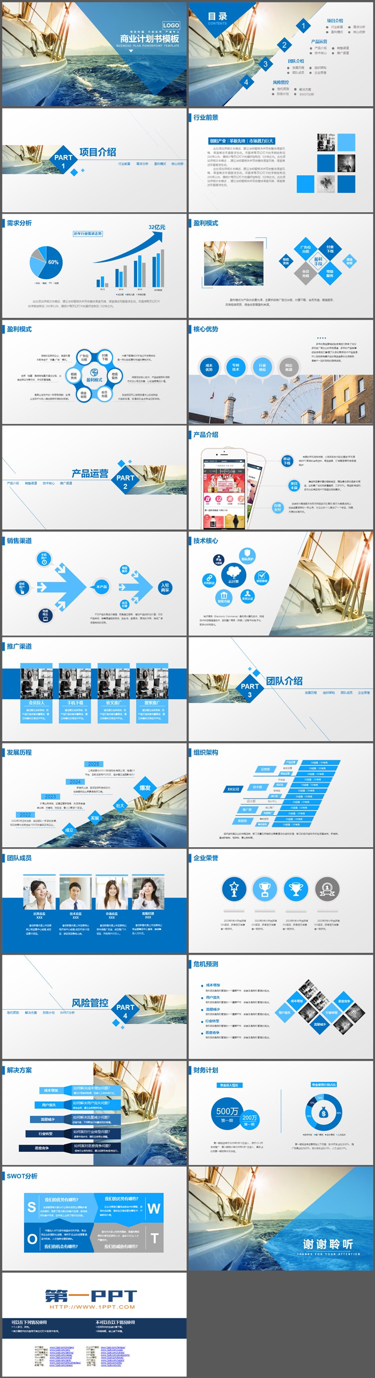 大海帆船背景的蓝色商业计划书PPT模板下载