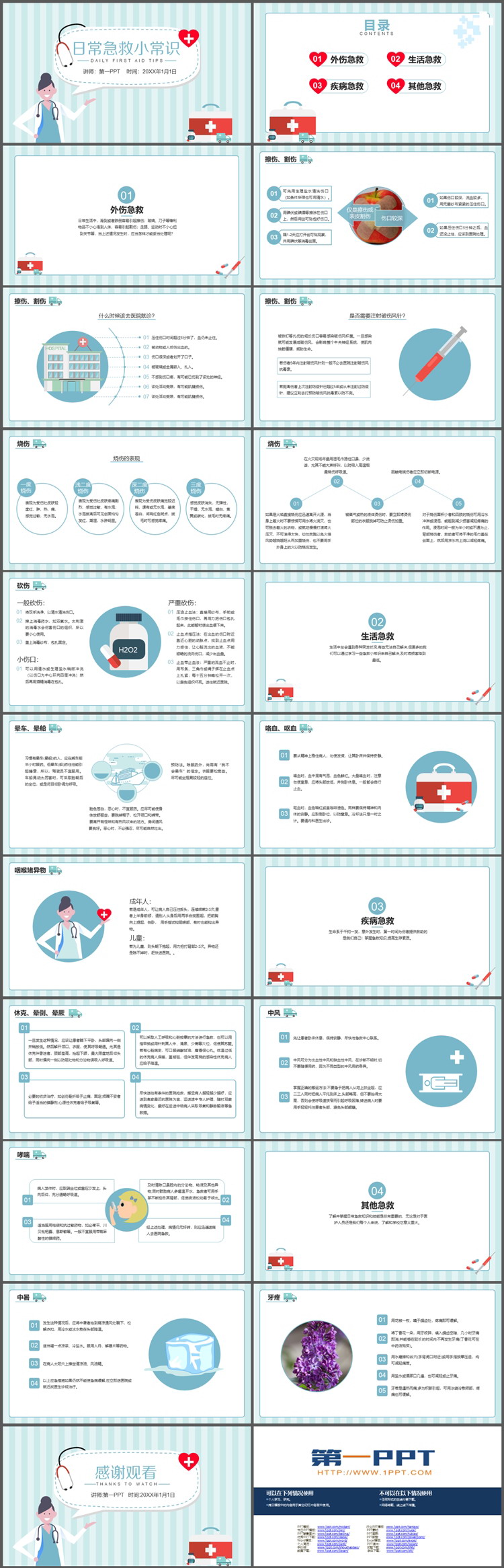 卡通医生蓝白条纹背景的日常急救小常识PPT模板