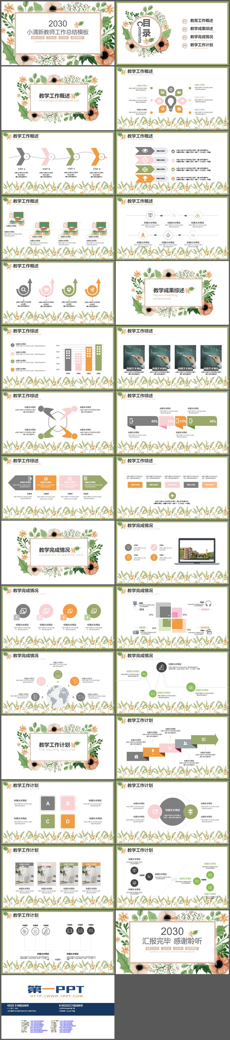 水彩花卉背景的教师工作总结PPT模板下载