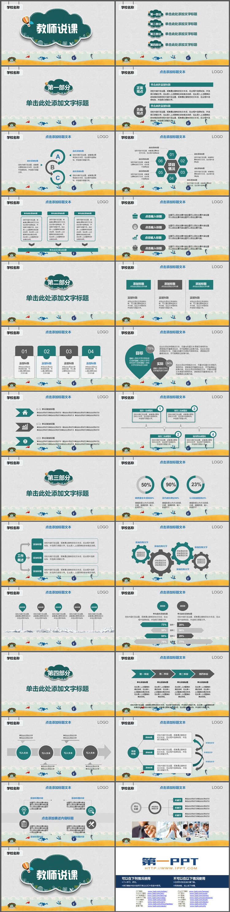 绿色卡通云朵图案背景教师说课PPT模板下载