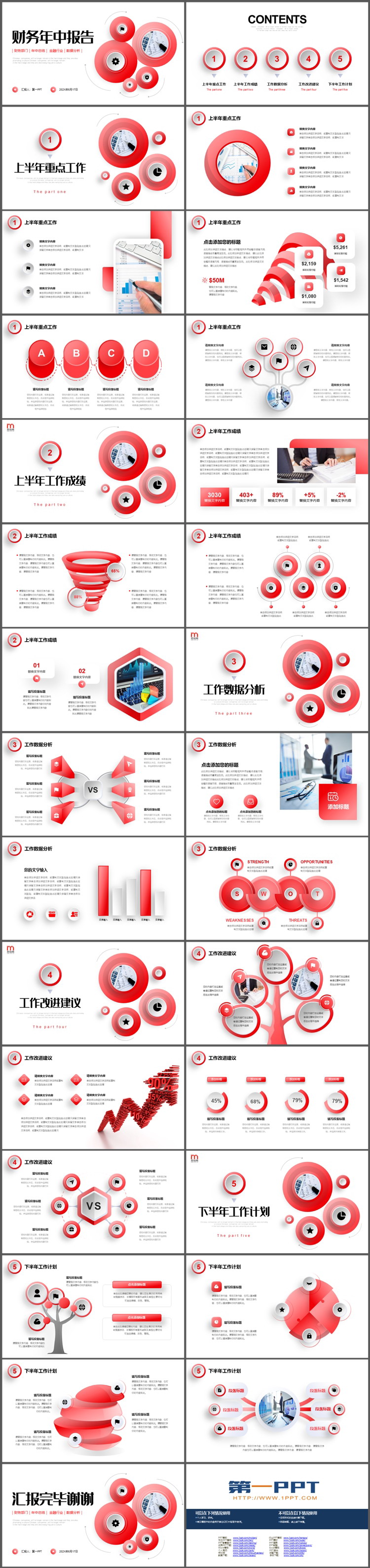 红色圆圈背景的财务年中报告PPT模板下载