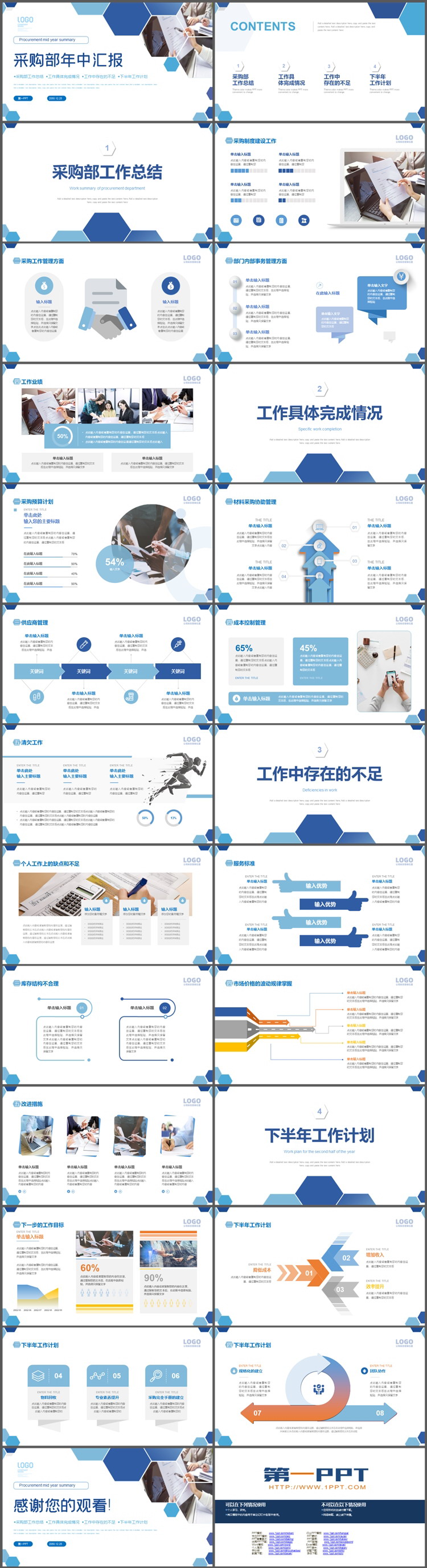 蓝色实用采购部年中汇报PPT模板免费下载
