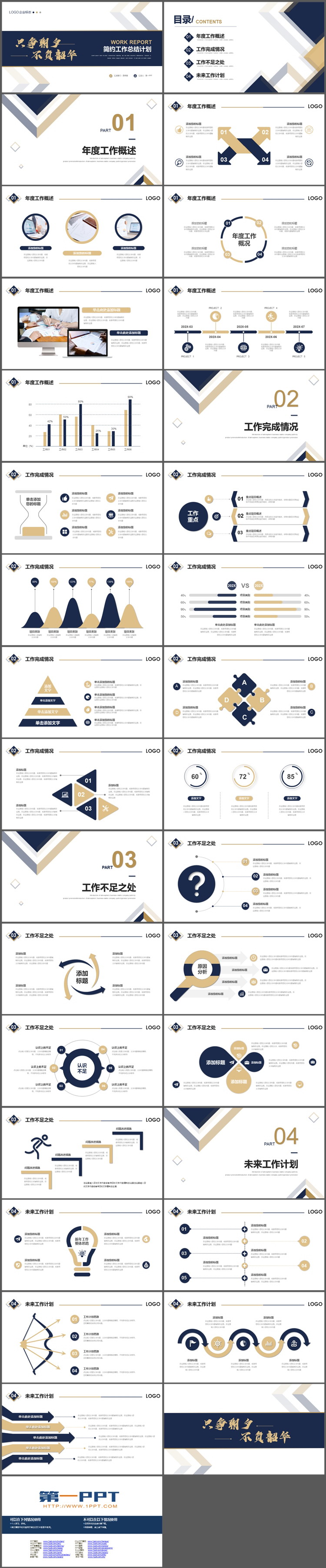 简约精致蓝金配色工作总结计划PPT模板下载