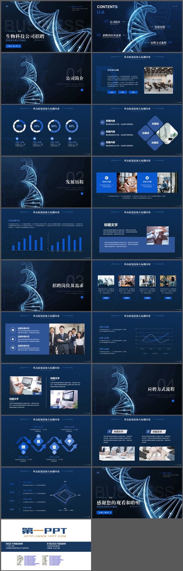 蓝色DNA链条背景的生物科技公司招聘宣传PPT模板下载