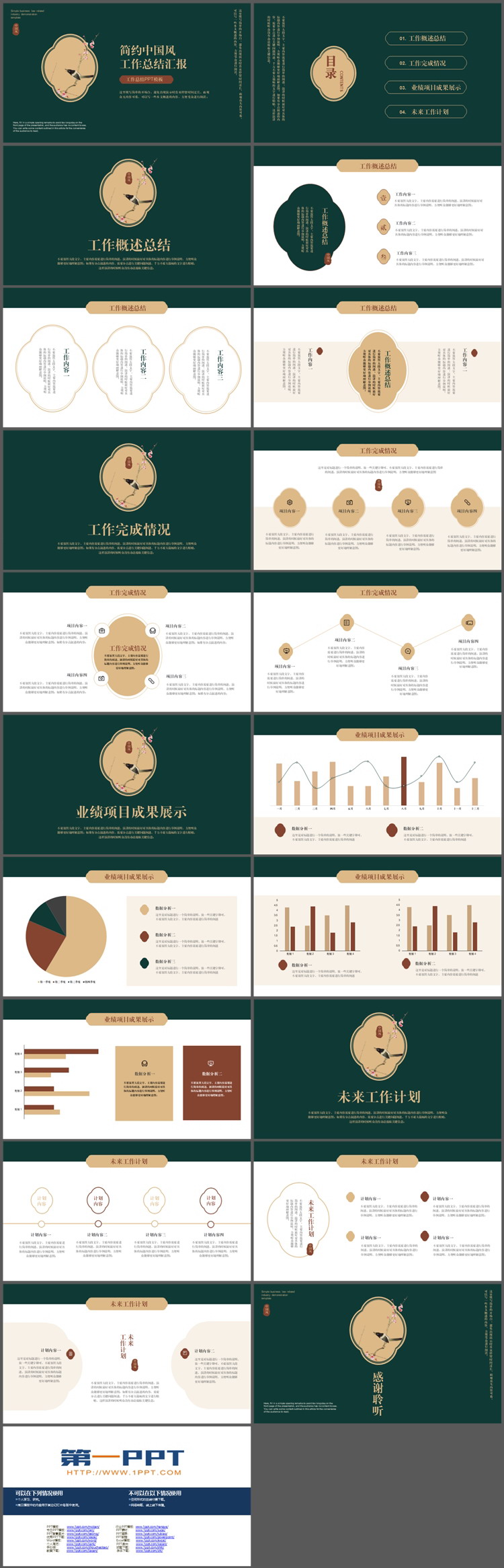 花鸟背景的绿色古风工作总结汇报PPT模板下载