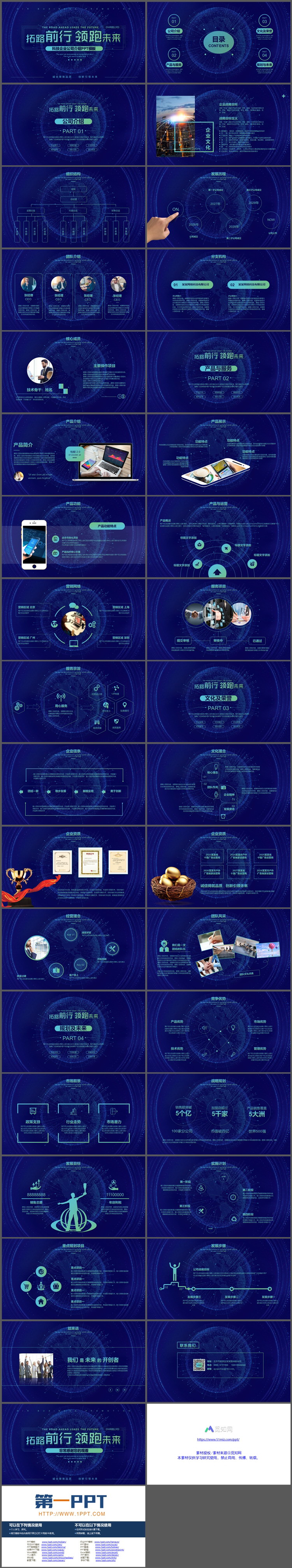 蓝色点线星球背景的“拓路前行领跑未来”科技公司介绍PPT模板下载