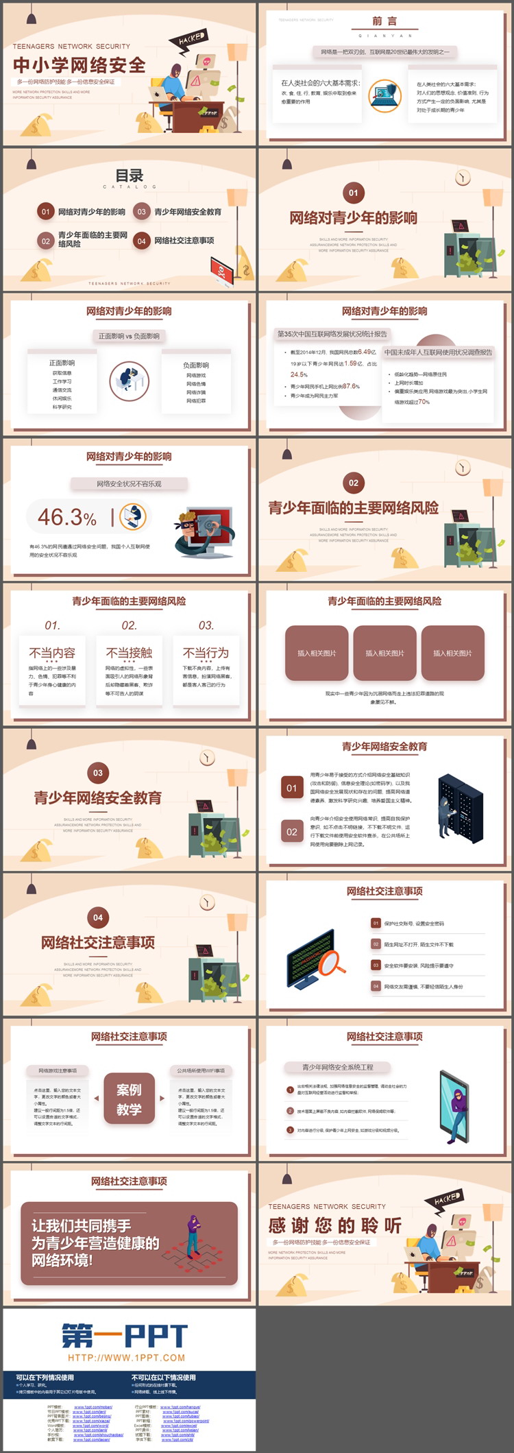 矢量卡通中小学网络安全教育主题班会PPT模板下载