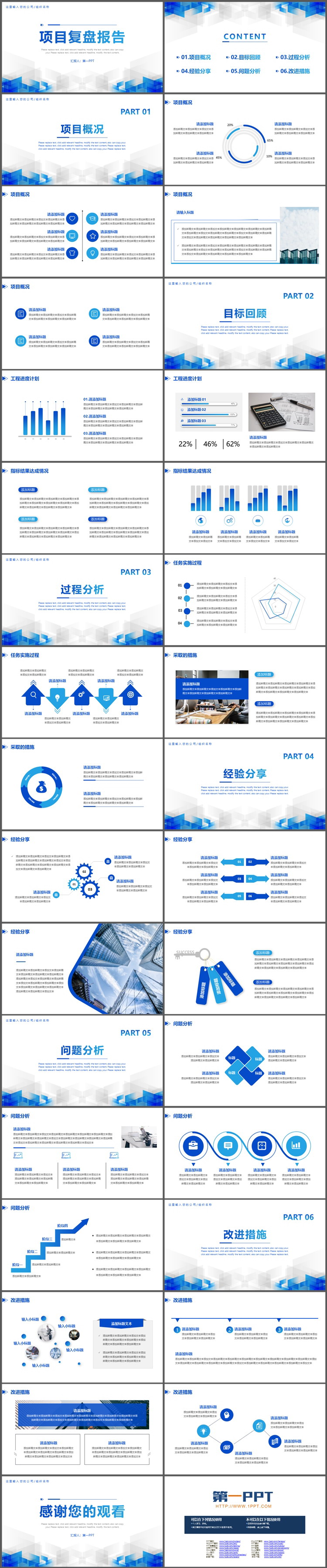 蓝色几何图形背景的项目复盘报告PPT模板