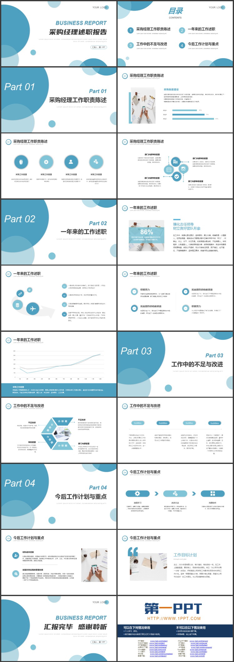 简约蓝色圆点背景采购经理述职报告PPT模板下载