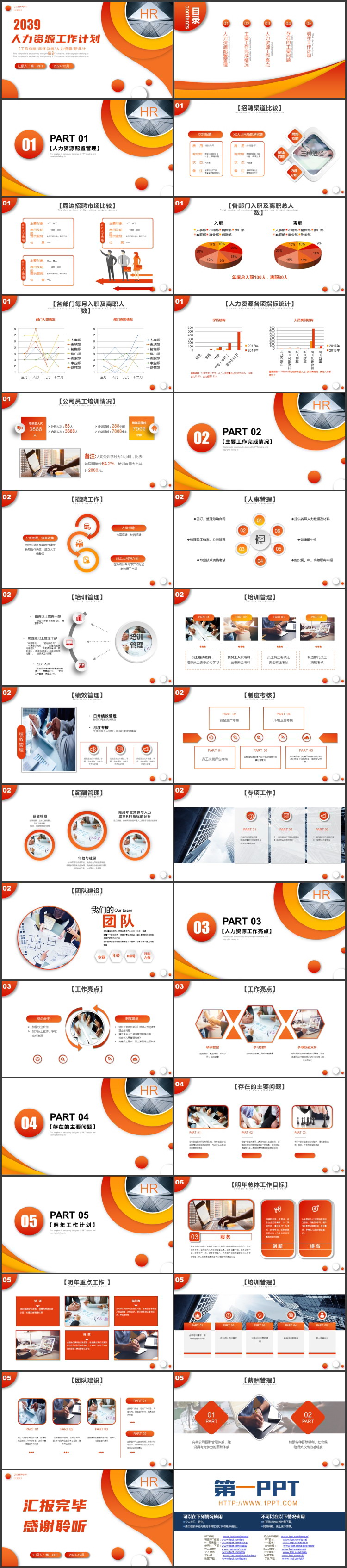 橙色圆点写字楼建筑背景人力资源工作计划PPT模板下载