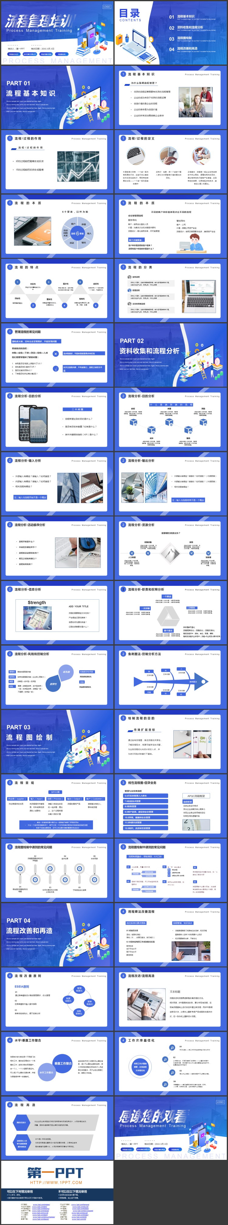 蓝色矢量办公背景流程管理培训PPT模板下载